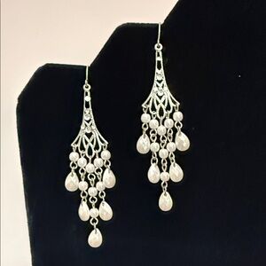 Silver-Tone Pearl Teardrop Chandelier Earrings - Elegant Dangle for Women